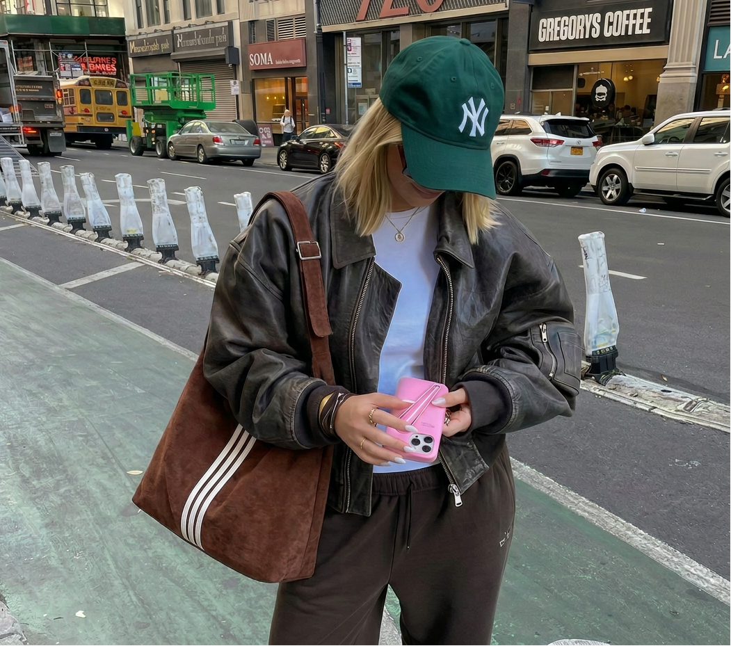 Bruine Sorelll dames schoudertas met verstelbare schouderriem en witte strepen, gedragen door een vrouw in een moderne stadsomgeving. Trendy handtas voor dagelijks gebruik en casual outfits.